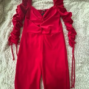 Fashion Nova Red Ruched Sleeve Jumpsuit